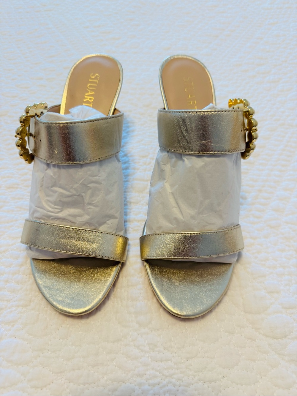 Stuart Weitzman Metallic Gold Slide Mules with Decorative Chain